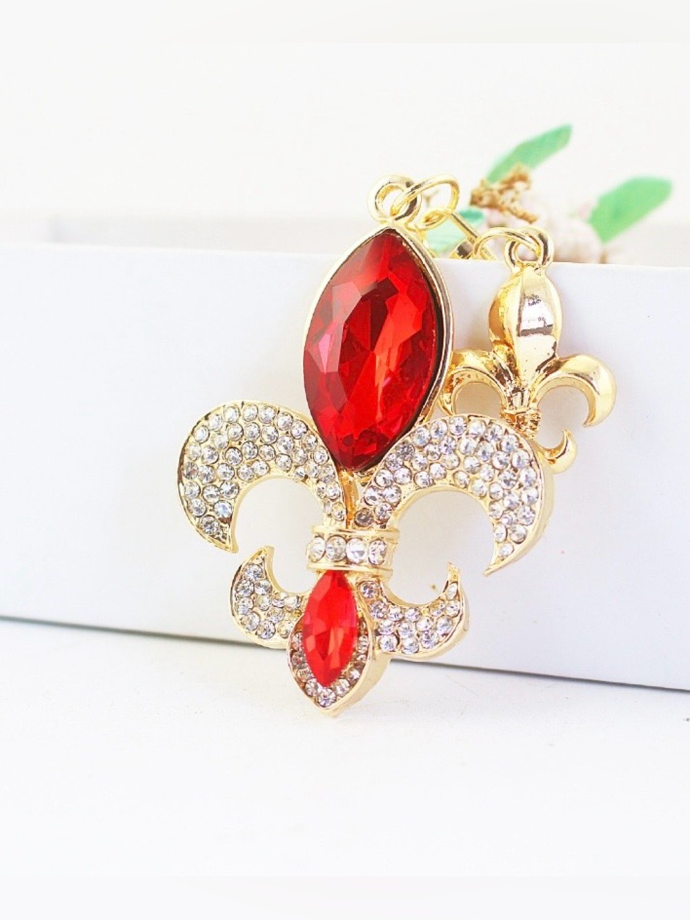 Gold Fleur-de-Lis Bag Charm Keychain with Red Gems and Crystal Accents
